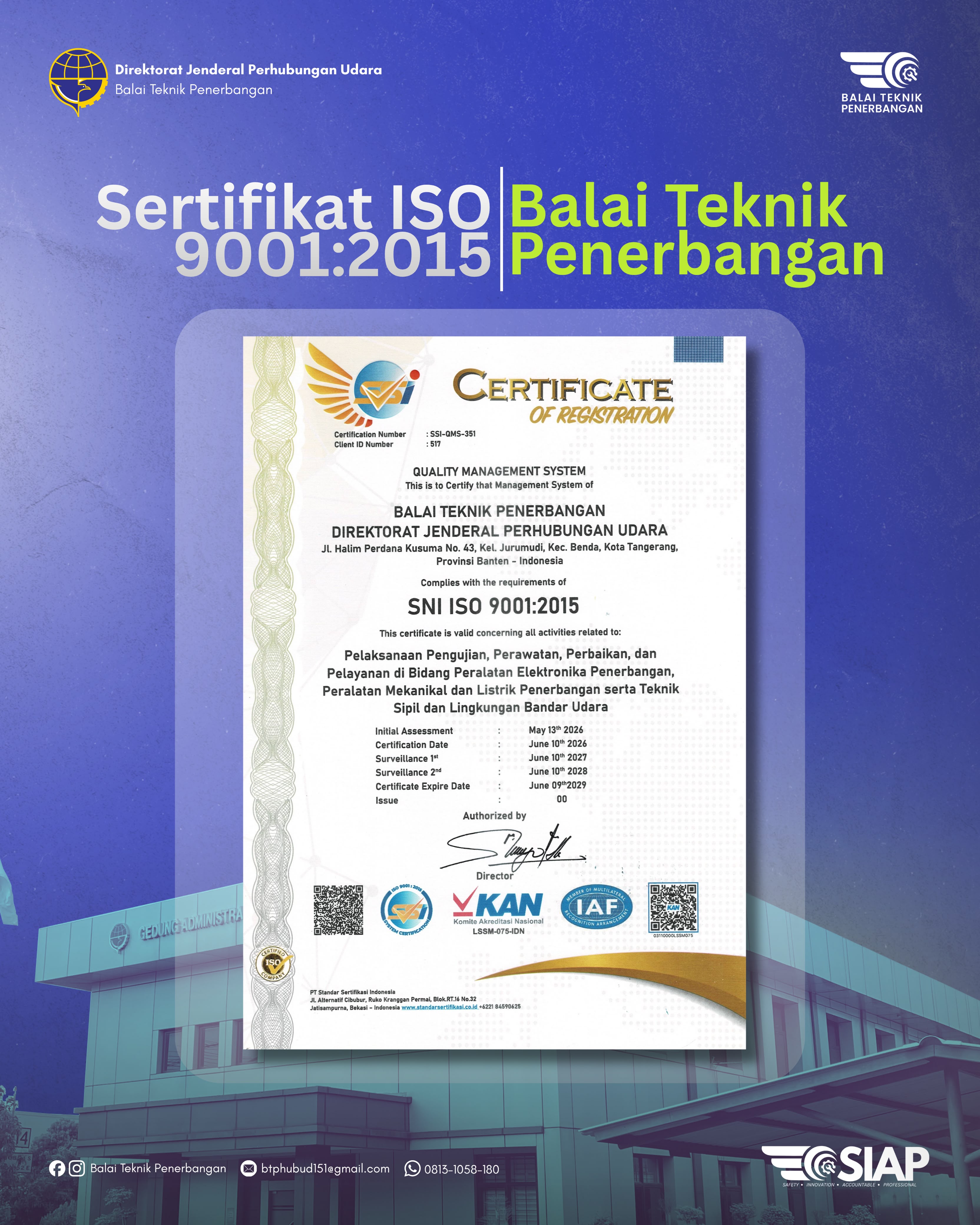 Balai Teknik Penerbangan Raih Sertifikat SNI ISO 9001:2015