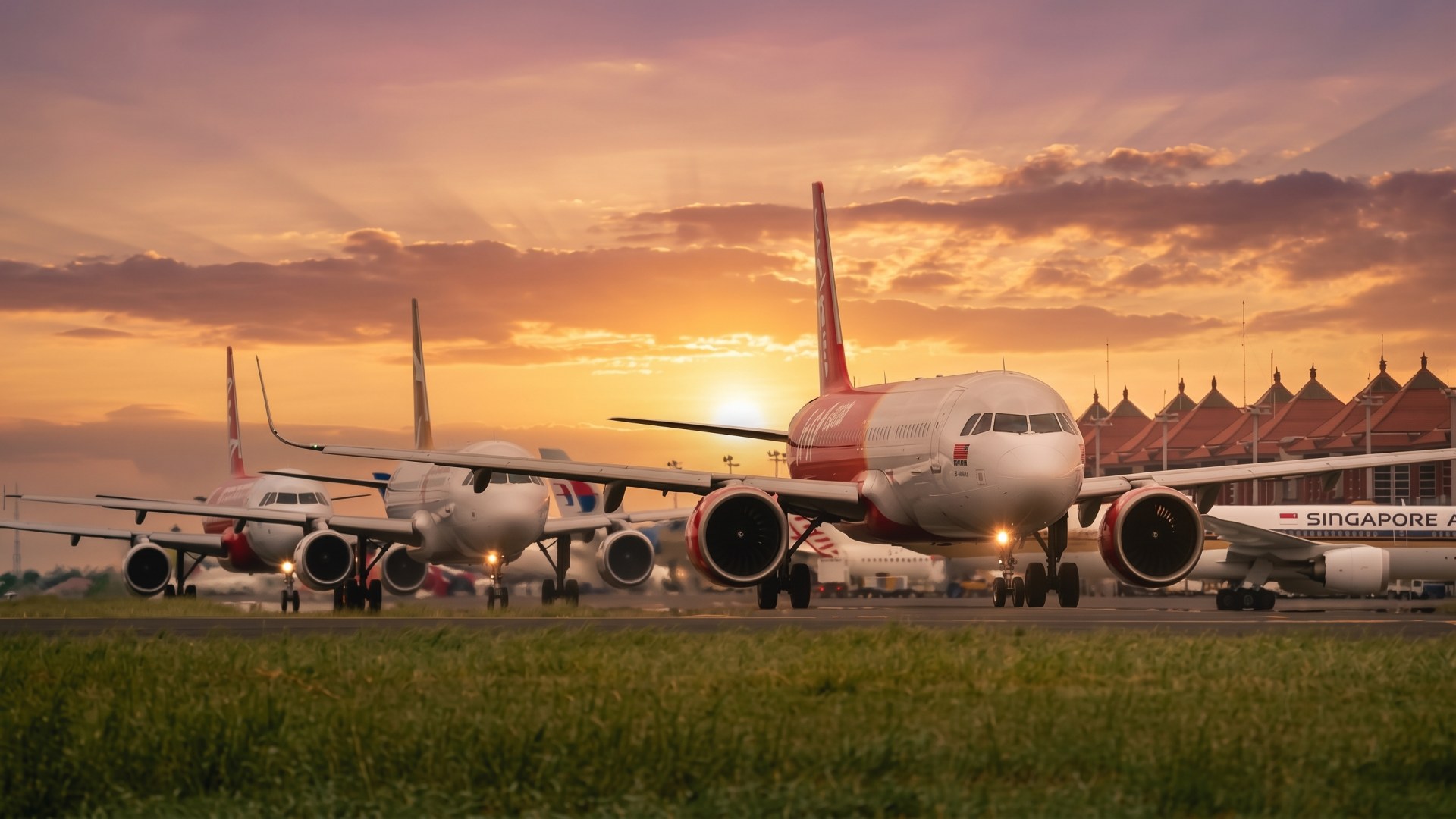 Pesawat yang berjajar saat akan take off