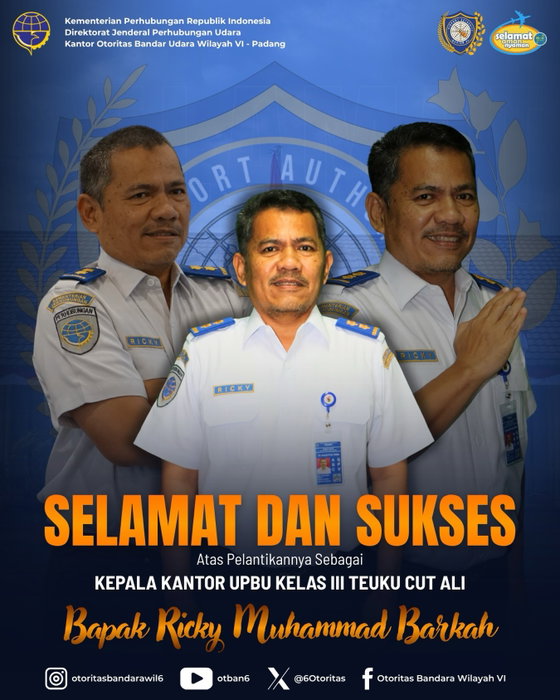 Keluarga besar Kantor Otoritas Bandar Udara Wilayah VI – Padang mengucapkan selamat dan sukses kepada Bapak Ricky Muham…
