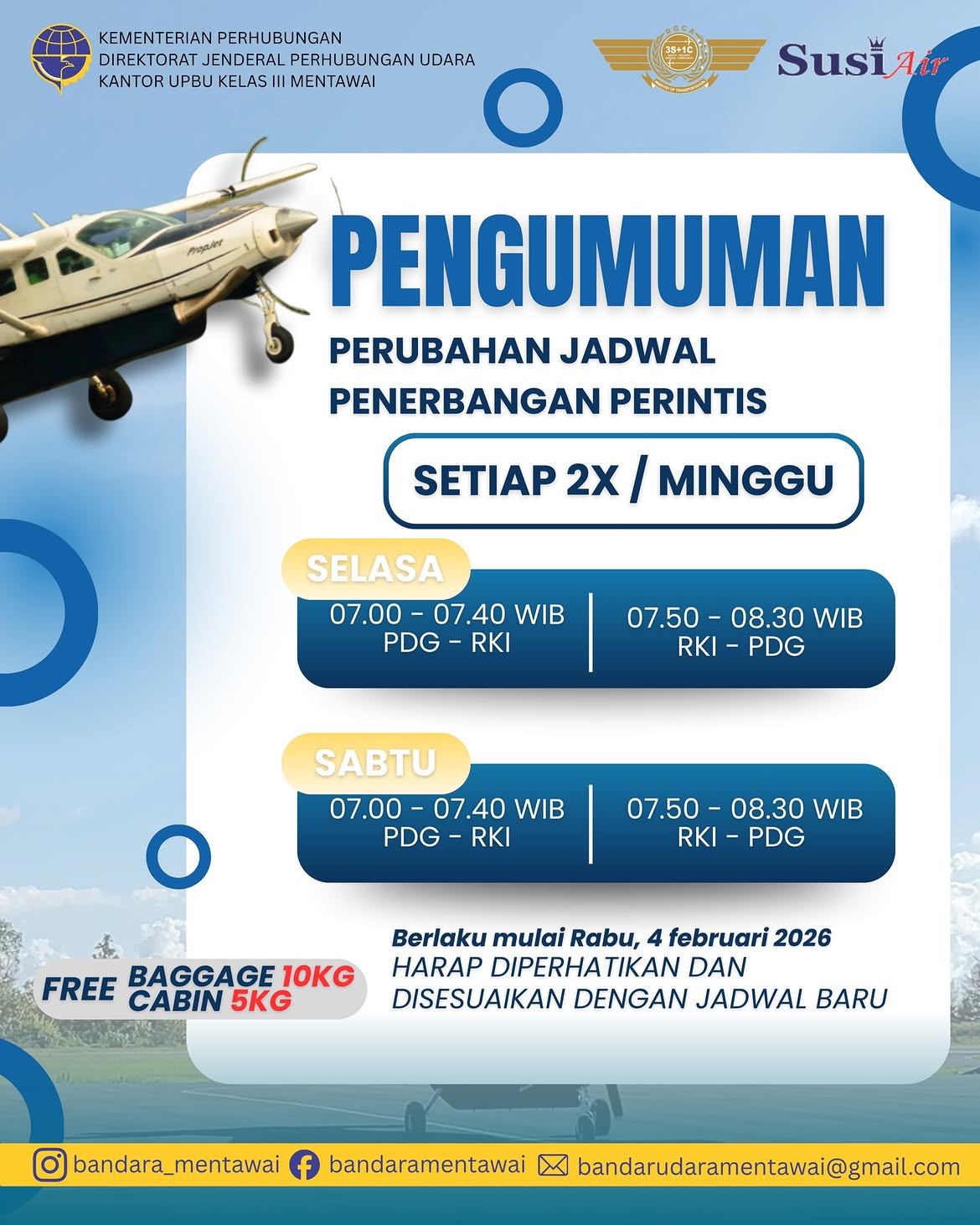 PENGUMUMAN PERUBAHAN JADWAL PENERBANGAN PERINTIS