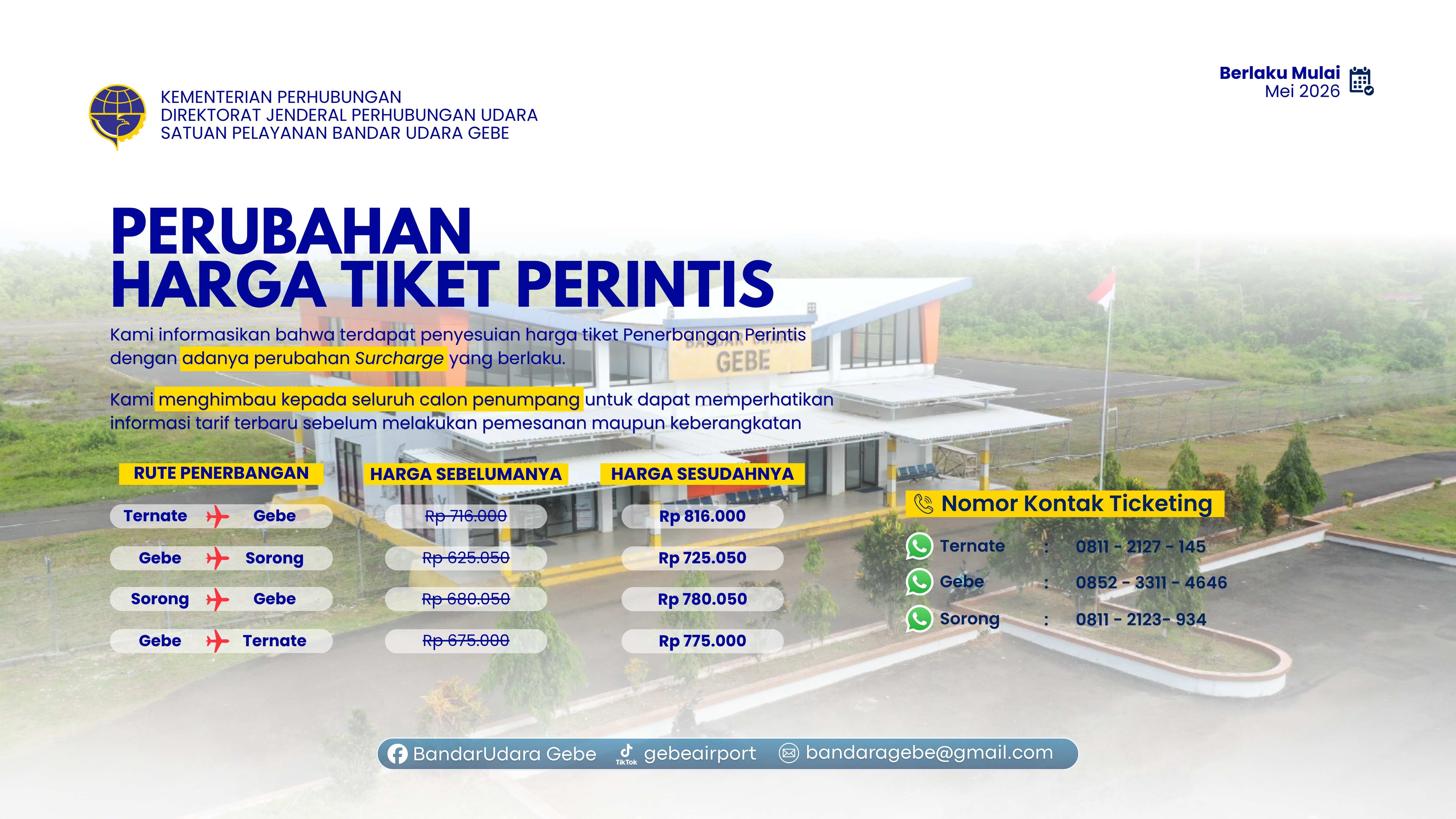 Gambar Berita dengan Judul Bandar Udara Gebe Umumkan Penyesuaian Tarif Penerbangan Perintis Mulai Mei 2026