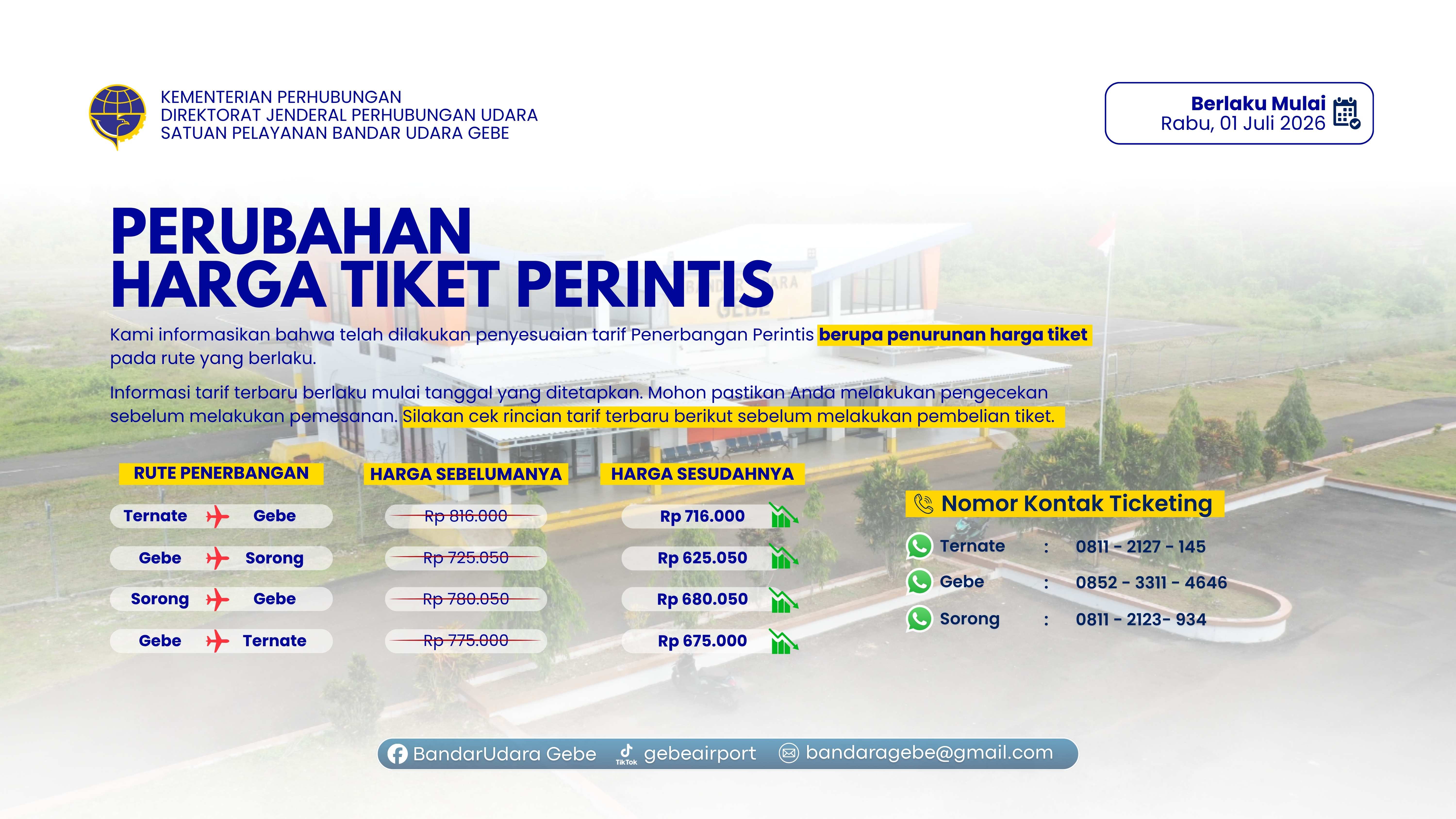 Gambar Berita dengan Judul Tarif Tiket Penerbangan Perintis Rute Bandara Gebe Resmi Turun Mulai 01 Juli 2026
