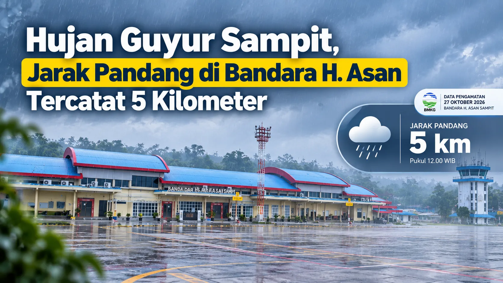 Gambar Berita dengan Judul Hujan Guyur Sampit, Jarak Pandang di Bandara H. Asan Tercatat 5 Kilometer