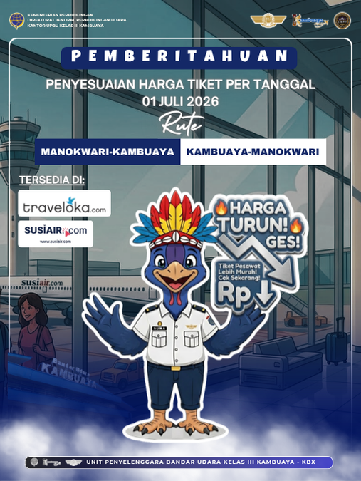 📢 PENGUMUMAN TARIF BARU PENERBANGAN PERINTIS KAMBUAYA-MANOKWARI (PP)📢