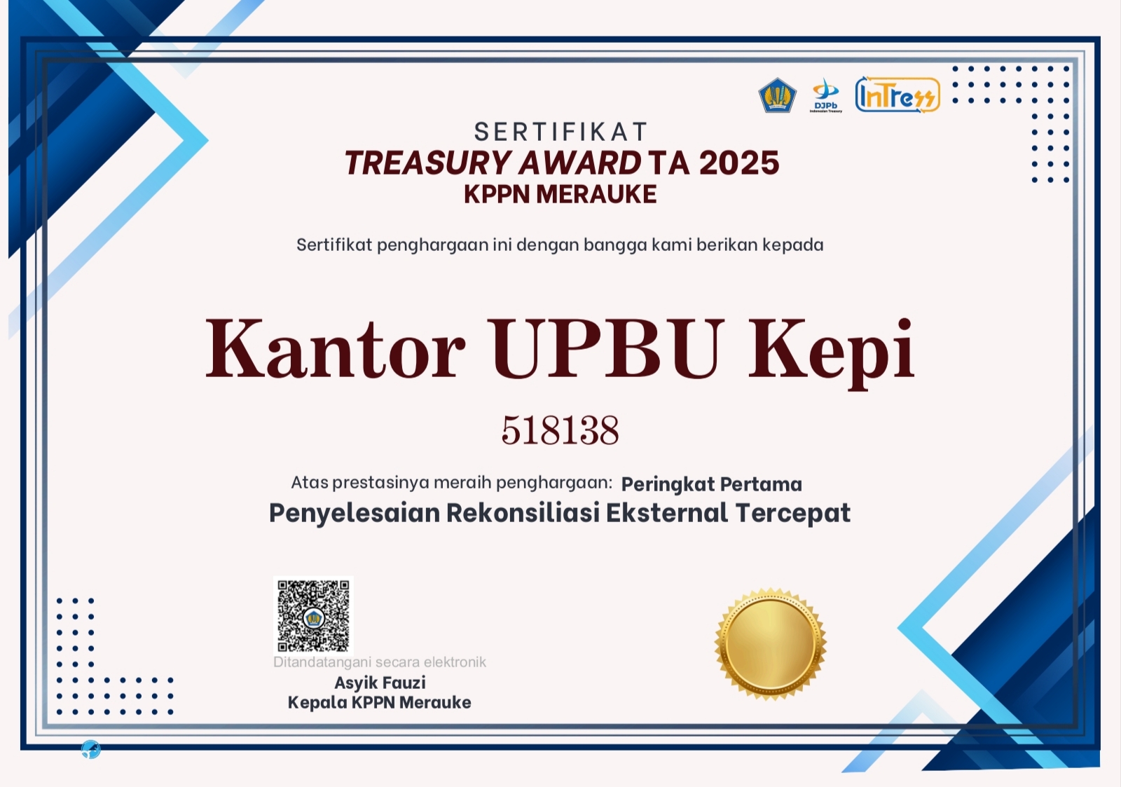 Gambar Berita dengan Judul Kantor UPBU Kepi Borong Dua Penghargaan Gemilang di Treasury Award TA 2025