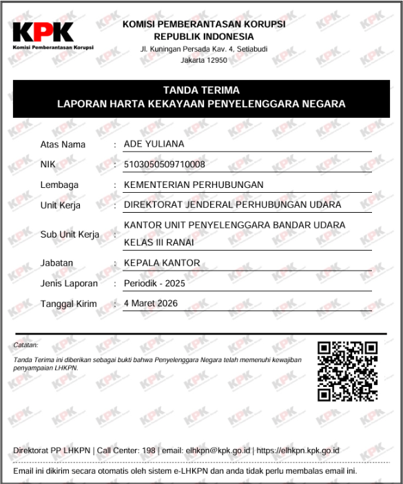 TANDA TERIMA LAPORAN HARTA KEKAYAAN PENYELENGGARA NEGARA KEPALA KANTOR