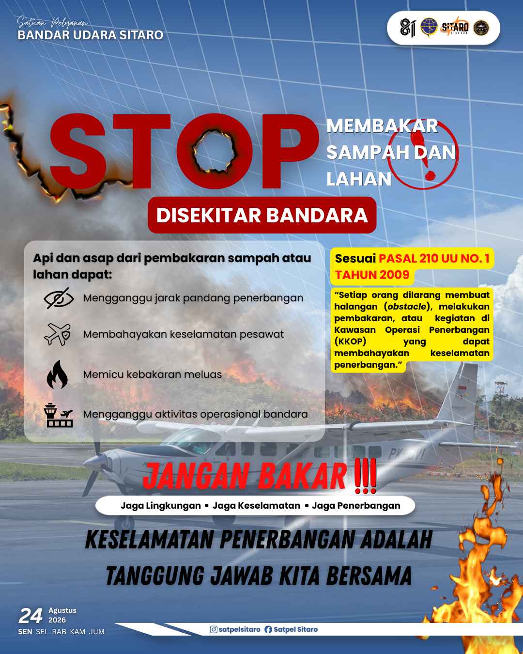 Bandara Sitaro Imbau Masyarakat Stop Membakar Sampah dan Lahan di Sekitar Bandara