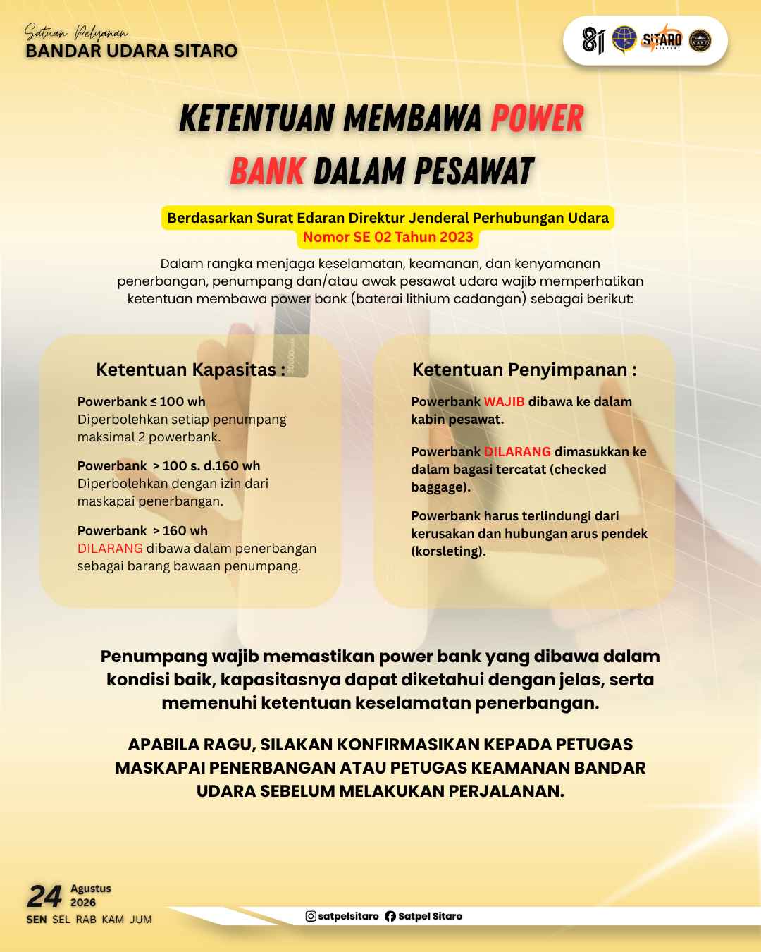 Bandara Sitaro Imbau Penumpang Memperhatikan Ketentuan Membawa Power Bank