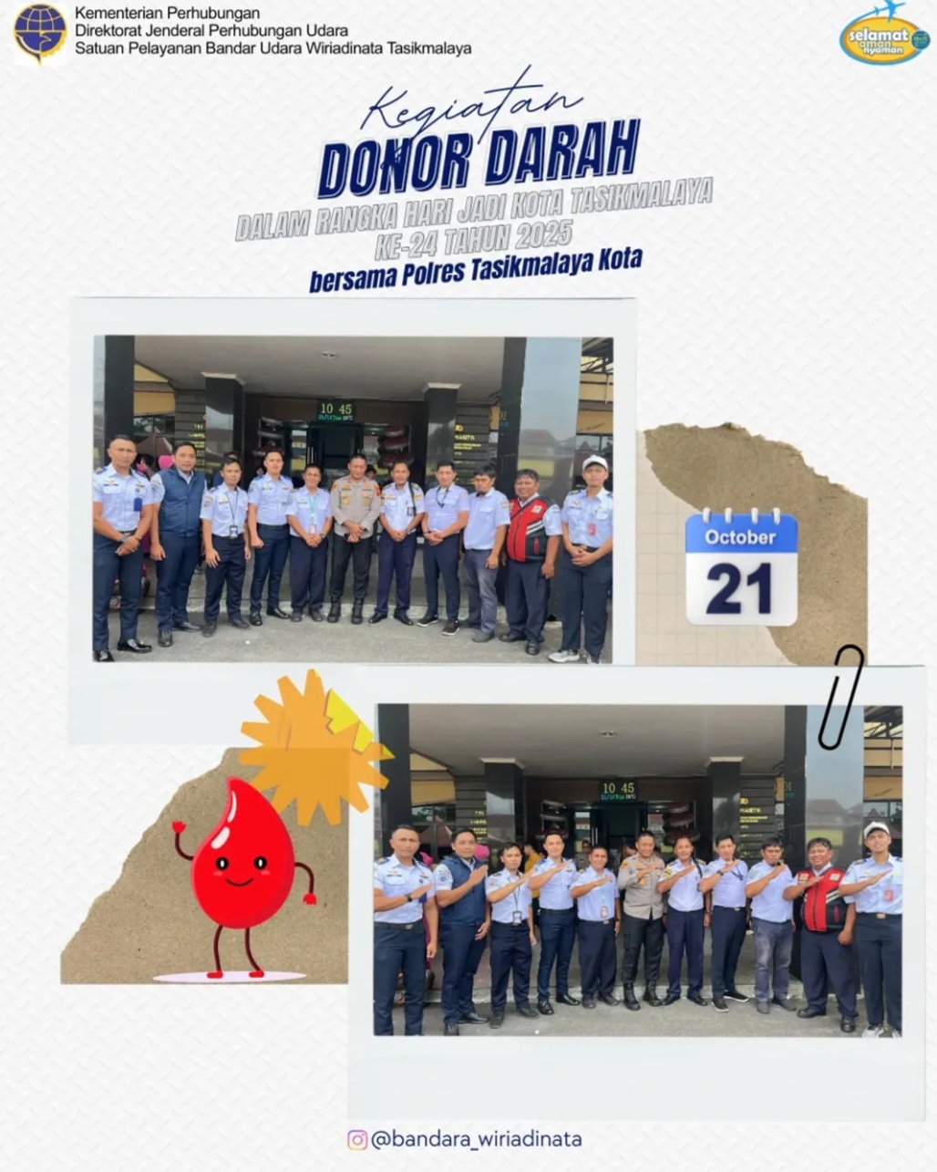 Satuan Pelayanan Bandar Udara Wiriadinata dengan antusias mengikuti kegiatan Donor Darah di Polres Tasikmalaya Kota