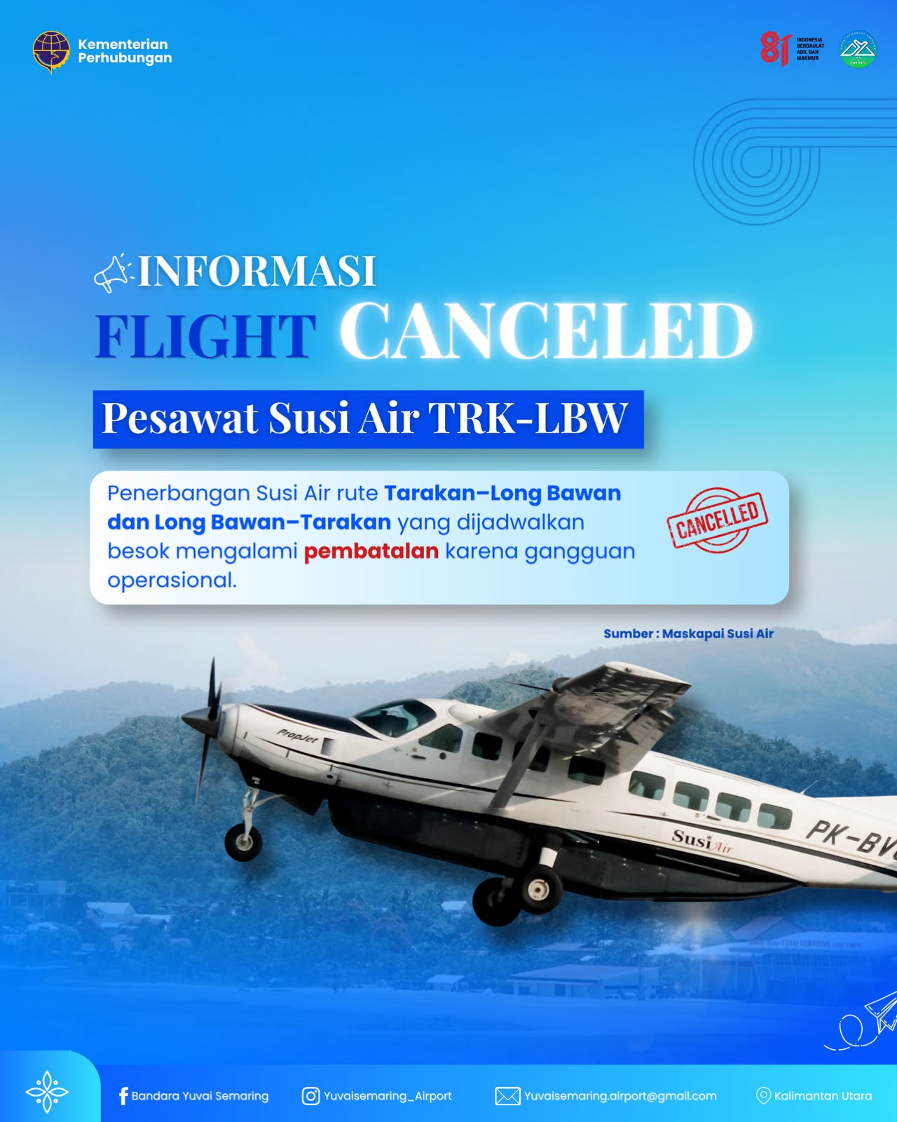 Penerbangan Susi Air Rute Tarakan–Long Bawan Dibatalkan karena Gangguan Operasional