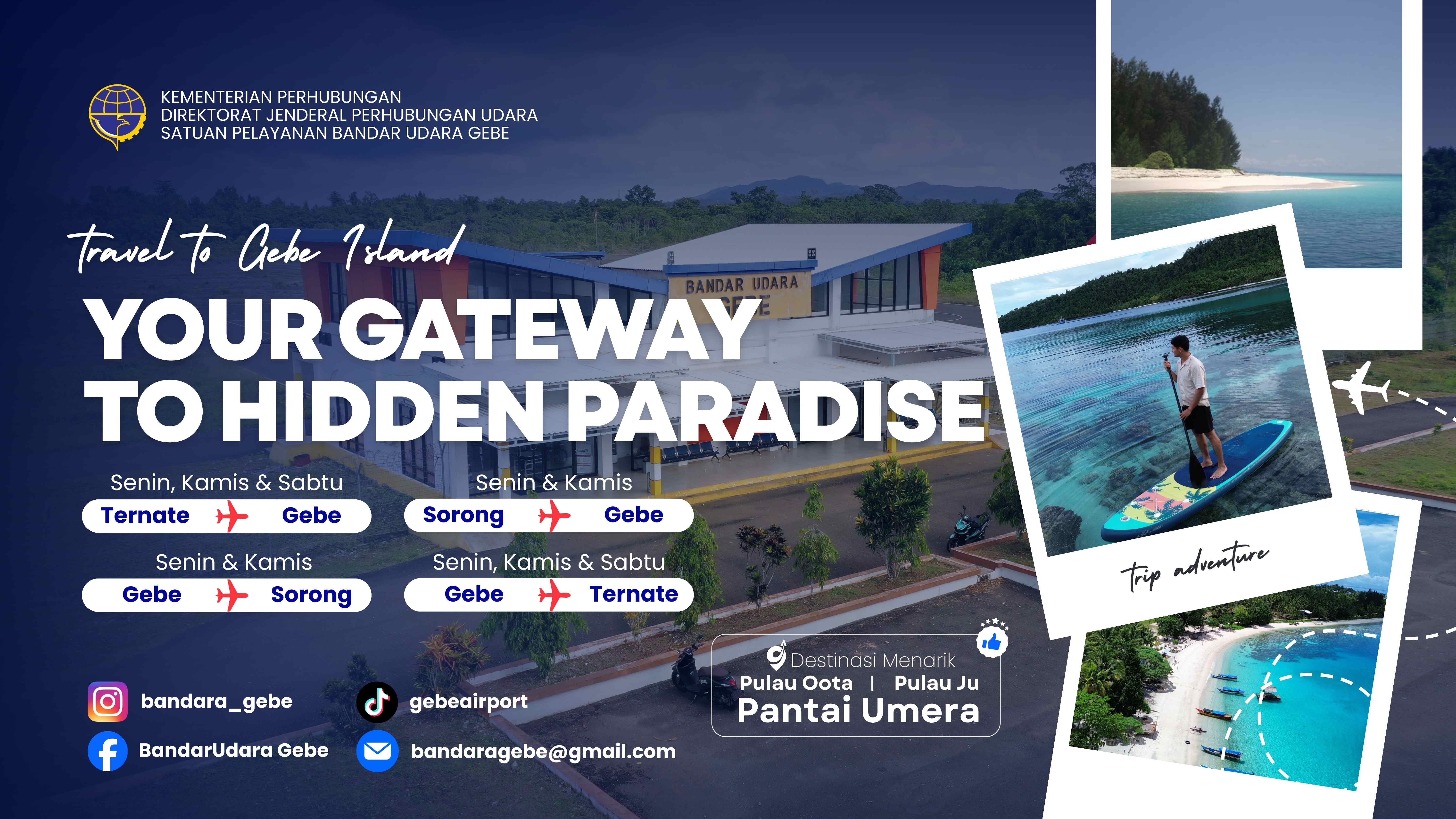 Selamat datang di gerbang udara menuju keindahan tersembunyi Maluku Utara. Bandar Udara Gebe hadir sebagai penghubung perjalanan menuju destinasi eksotis dengan panorama pantai berpasir putih, laut biru jernih, serta kekayaan bawah laut memukau.