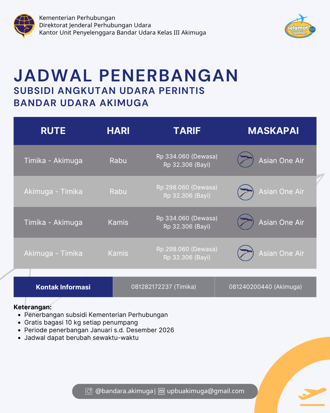 Tarif dan Jadwal Penerbangan Perintis Bandar Udara Akimuga Tahun 2026