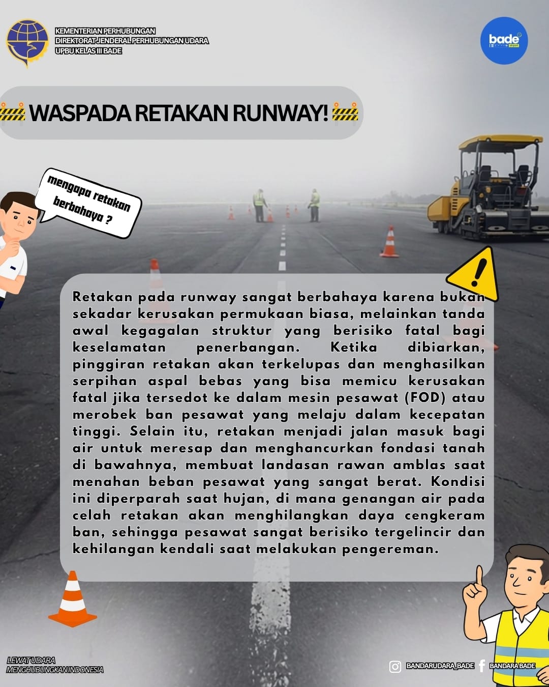 Sebagai bentuk komitmen penuh kami di Bandara Bade untuk terus menjaga keandalan standar operasional penerbangan di wilayah Papua Selatan, mari kita kenali lebih jauh tentang bahaya, faktor penyebab, dan jenis-jenis retakan pada runway.