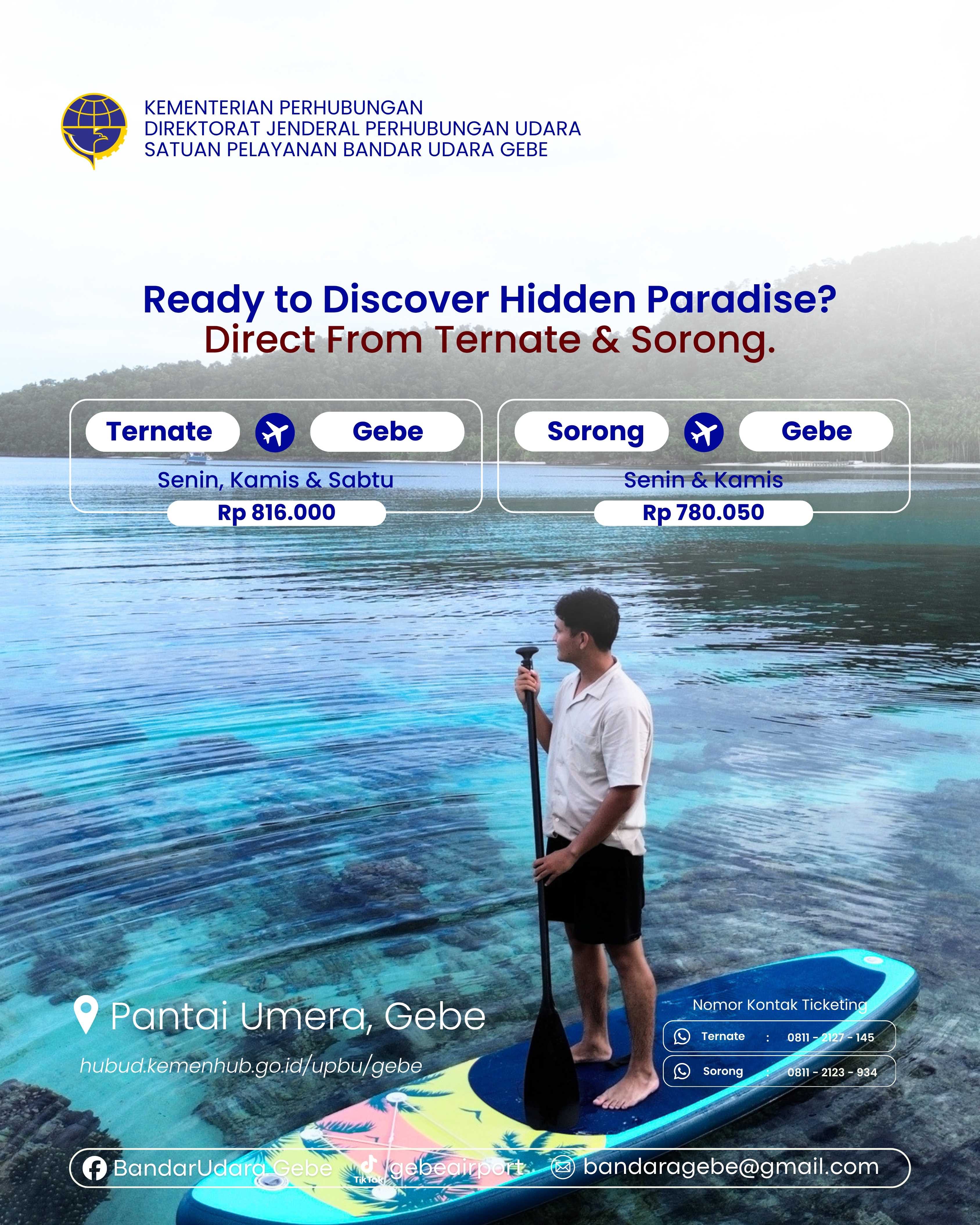 Siap kabur sejenak dari hiruk pikuk kota? Terbang langsung dari Ternate atau Sorong ke Gebe dan temukan keindahan alam yang masih alami. Air laut yang jernih, panorama yang memanjakan mata, dan suasana yang menenangkan siap menyambut perjalanan Anda.