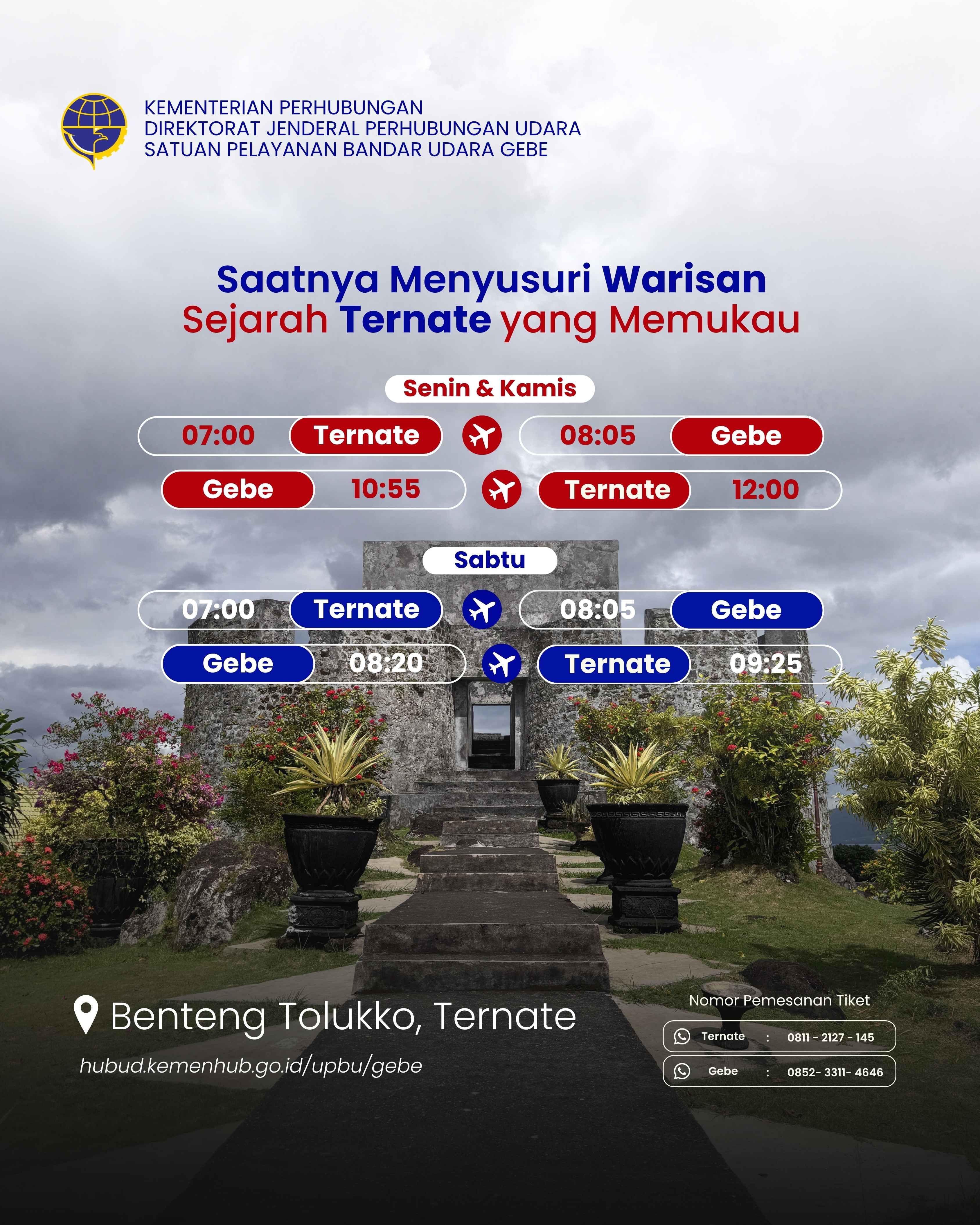 Nikmati kemudahan menuju Ternate bersama Penerbangan Perintis Bandara Gebe. Rencanakan perjalanan Anda sesuai jadwal pada infografis dan jelajahi pesona sejarah, budaya, serta keindahan Kota Ternate dengan perjalanan yang aman dan nyaman.