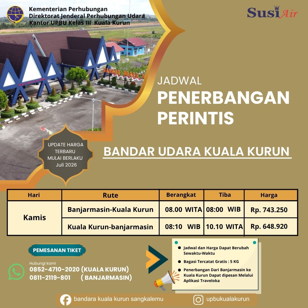 Update per 1 Juli Jadwal dan Harga Penerbangan Perintis Kuala Kurun - Banjarmasi PP