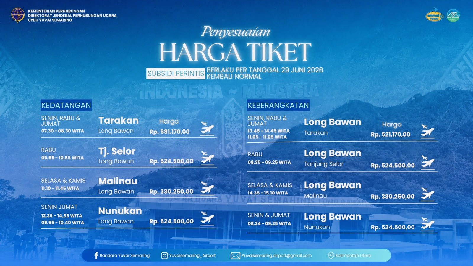 Jadwal, Rute, dan Tarif Penerbangan Perintis Bandara Yuvai Semaring