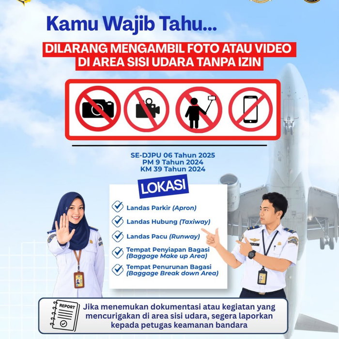 Kamu Wajib Tahu… 📢 DILARANG MENGAMBIL FOTO DI SISI UDARA TANPA IZIN 📸🚫 Patuhi aturan, jaga keamanan, utamakan kesela…