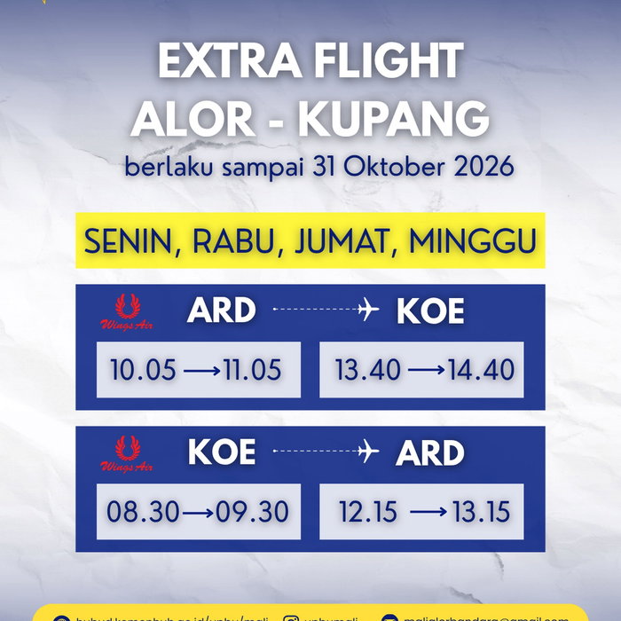 Bagi Bapak/Ibu/Saudara yang akan bepergian antara Alor dan Kupang, tersedia penerbangan tambahan Wings Air hingga 31 Ok…