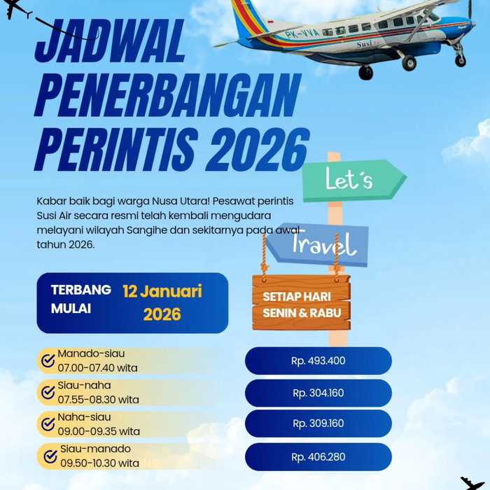 hallo INFO PENTING !! Mulai senin 12 Januari 2026, pesawat perintis Susi Air sudah mulai beroperasi dengan rute Manado-…
