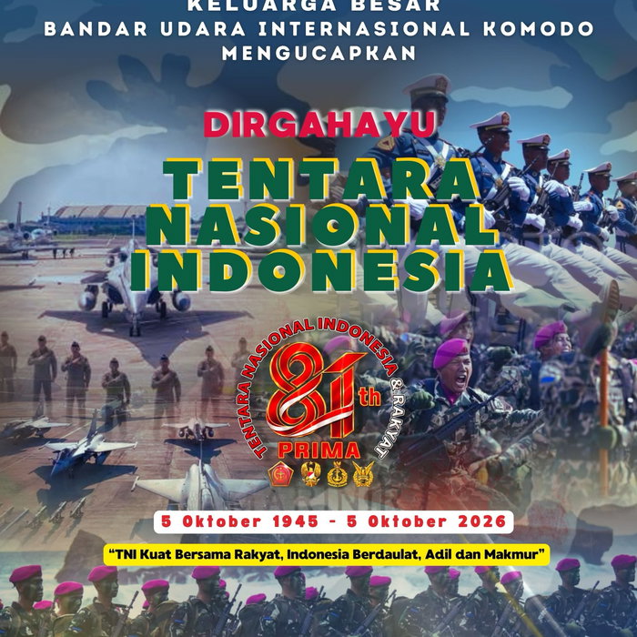 Keluarga Besar Bandar Udara Internasional Komodo mengucapkan: Dirgahayu Tentara Nasional Indonesia ke-81! 🎖️ Dengan sem…