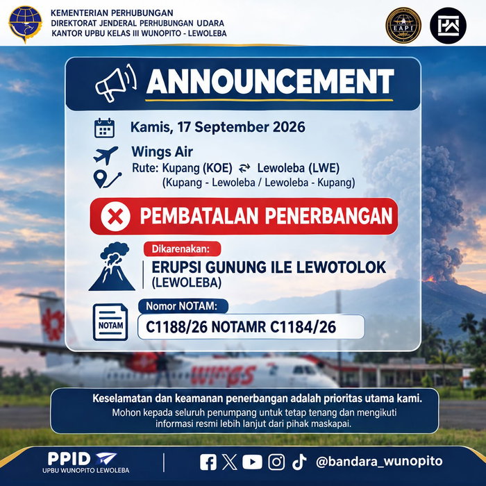 📢 ANNOUNCEMENT INFORMASI SERTA MERTA| INFORMASI PEMBATALAN PENERBANGAN ✈️ Sobat Aviasi, Sehubungan dengan adanya erups…