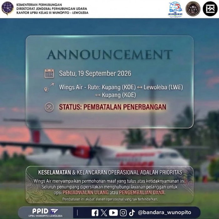 PENGUMUMAN INFORMASI SERTA MERTA Kantor UPBU Kelas III Wunopito – Lewoleba menginformasikan bahwa sehubungan dengan ala…