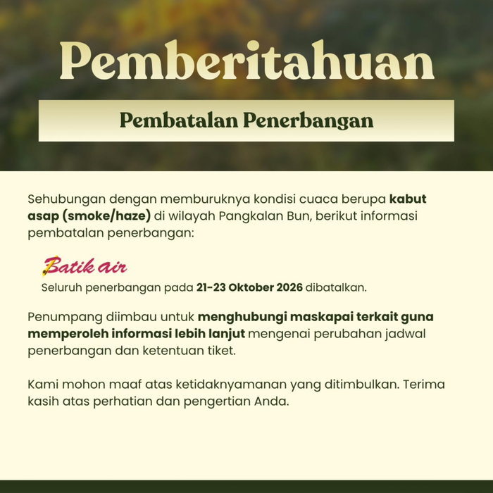 📢 INFO TERKINI PENERBANGAN BANDARA ISKANDAR Akibat memburuknya kondisi cuaca berupa kabut asap (smoke/haze) di wilayah…