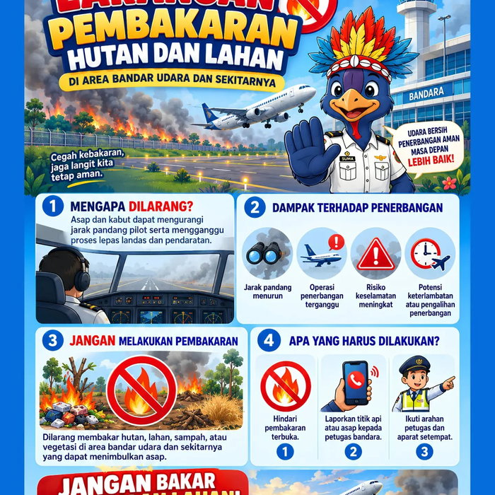 📢 HIMBAUAN: DILARANG MEMBAKAR HUTAN & LAHAN DI AREA BANDARA! Demi keselamatan penerbangan dan kelancaran operasional, …