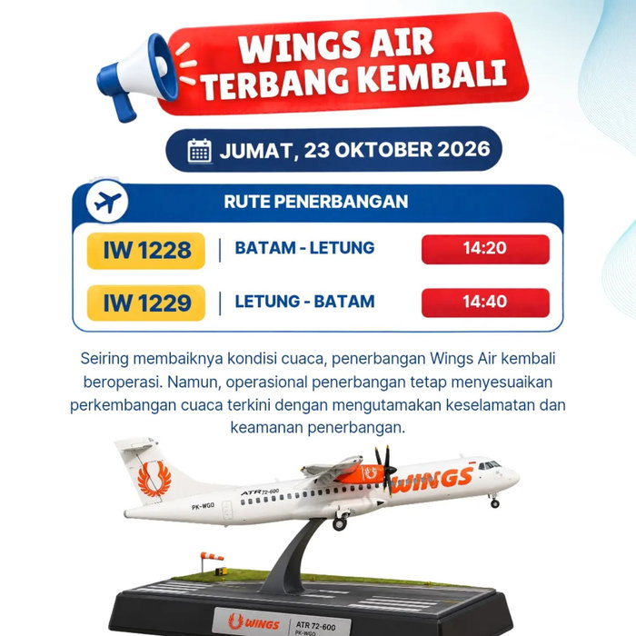 Kabar Baik! Wings Air Terbang Kembali ​Seiring membaiknya kondisi cuaca, penerbangan Wings Air rute Batam - Letung akan…