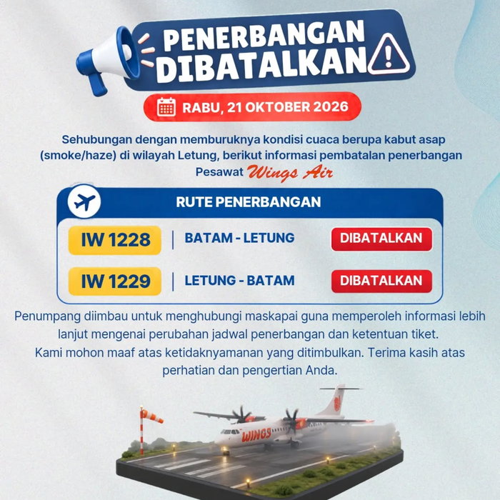 Yth. Pengguna Jasa Bandar Udara Letung, Sehubungan dengan memburuknya kondisi cuaca berupa kabut asap (smoke/haze) di w…