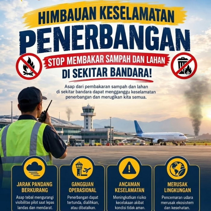 Halo mari bersama menjaga keselamatan penerbangan dengan tidak membakar sampah maupun lahan di sekitar bandara. Asap da…
