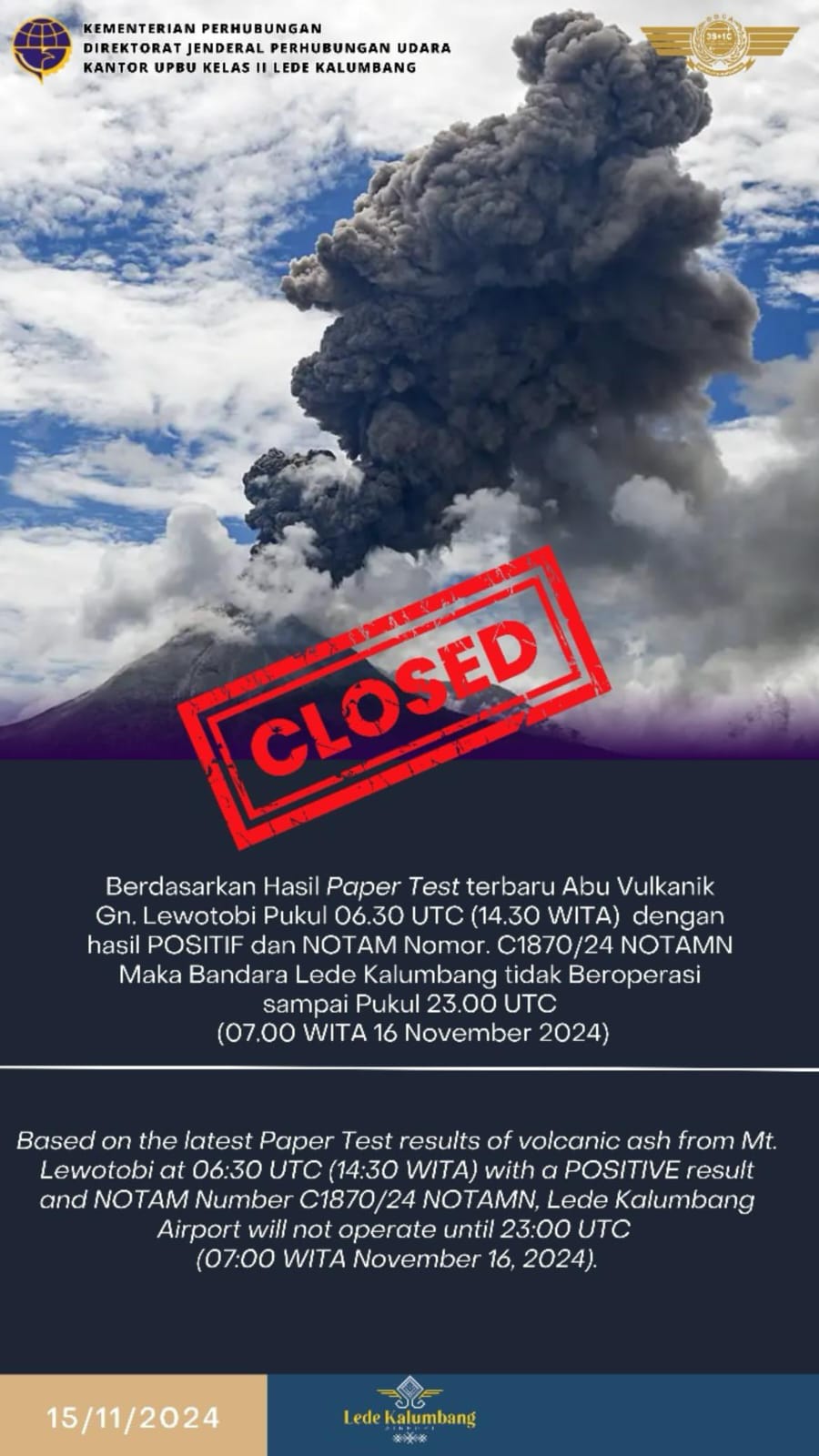 Gambar kegiatan dengan judul PENUTUPAN BANDARA AKIBAT DAMPAK ABU VULKANIS GUNUNG LEWOTOBI